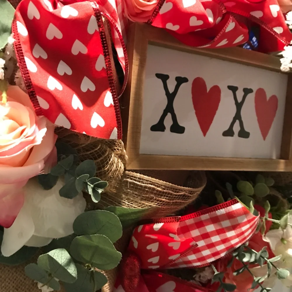 Valentines Wreath Hand Crafted LOVE Burlap Kisses Hugs FINAL SALE